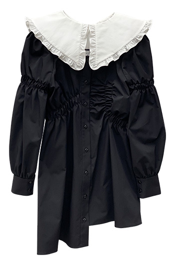 黑色褶皺縮腰襯衫裙 (兩件套,領可拆)