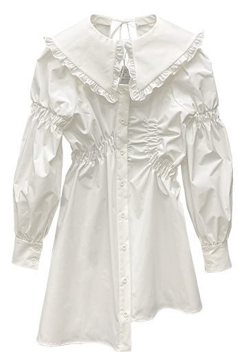 白色褶皺縮腰襯衫裙 (兩件套,領可拆)